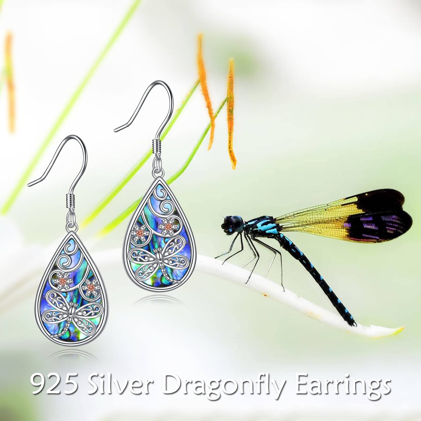 POPLYKE Dragonfly Earrings 925 Sterling Silver Leverback Earrings for Women Teardrop Abalone Earrings Dangle Dragonfly Jewelry Gifts