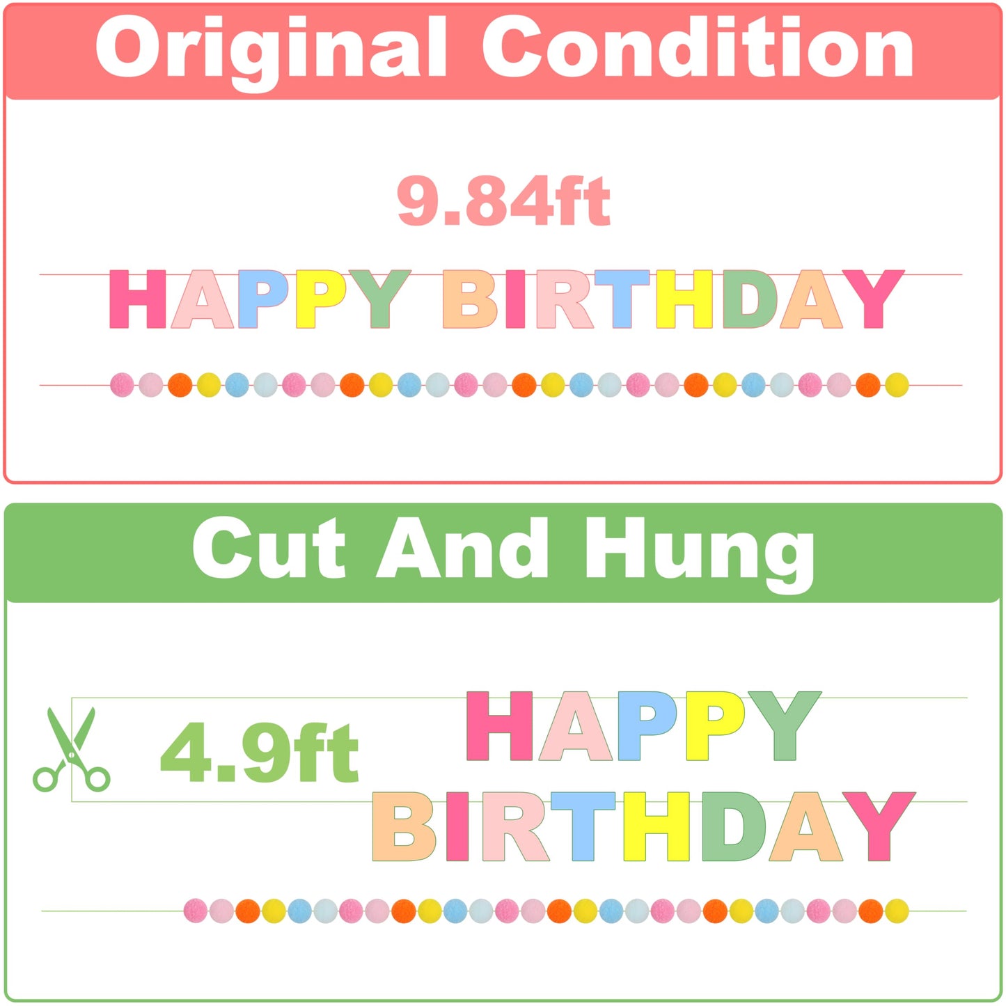 2 PCS Pre-Strung 3D Felt Happy Birthday Banner - Reusable Rainbow Happy Birthday Decorations Sign, Felt Ball Garland, Pom Pom Garland, Party Decor, Photo Prop (MACARON)