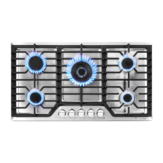 AMZCHEF 36 inch Gas Cooktop with 5 Made in Italy SABAF Power Burners.Max 48300 BTU/hr Built-in Gas Stove top of 304 Stainless steel,NG/LPG Convertible,ETL.