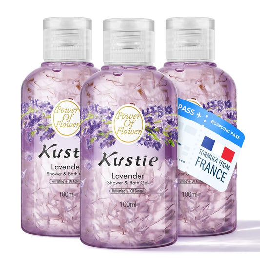 Kustie Cherry Blossom Rose Lavender Body Wash Set 33.4 fl oz TSA Travel Size Shower Gel with Real Flower Petals for Women Gift - Hydrating and Calming