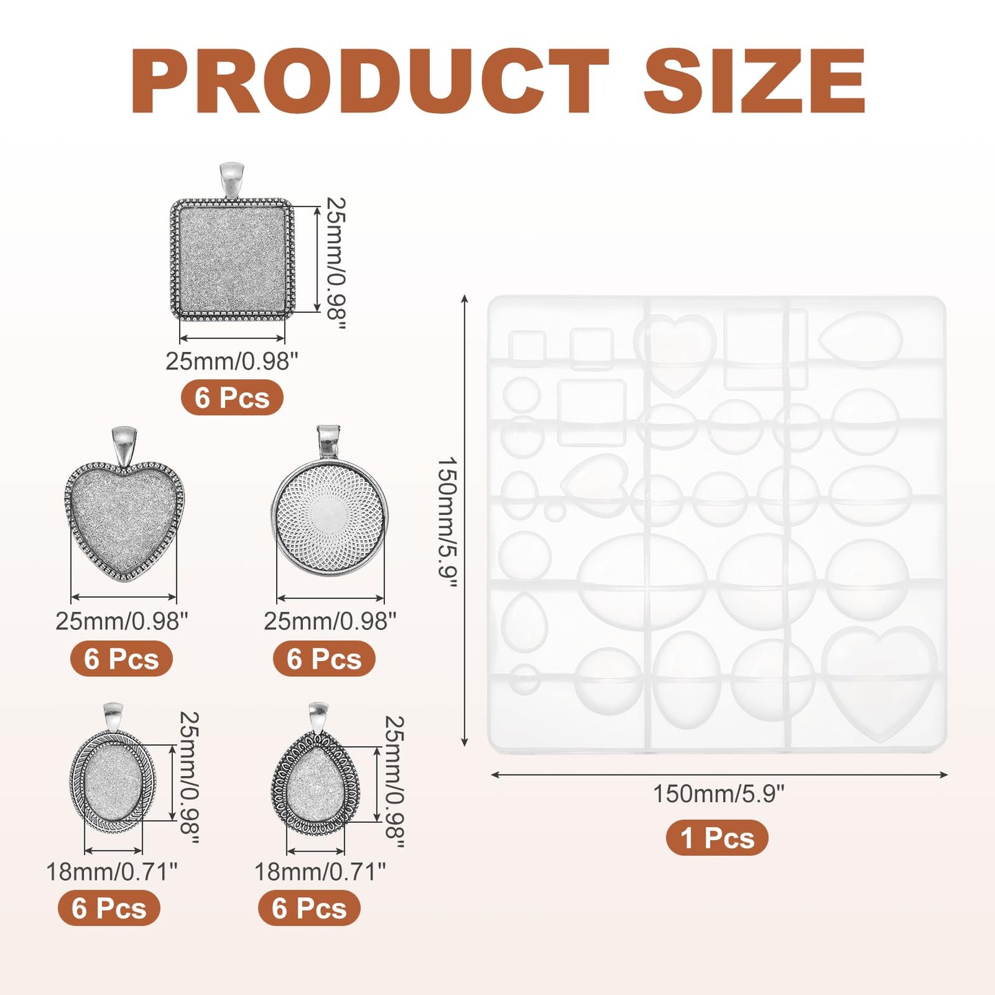 MECCANIXITY Jewelry Resin Mould, Silicone Resin Moulds with 30pcs 5 Style Metal Pendant Trays with Texture for DIY Crafts Earring Necklace Jewelry Making Kit, Silver