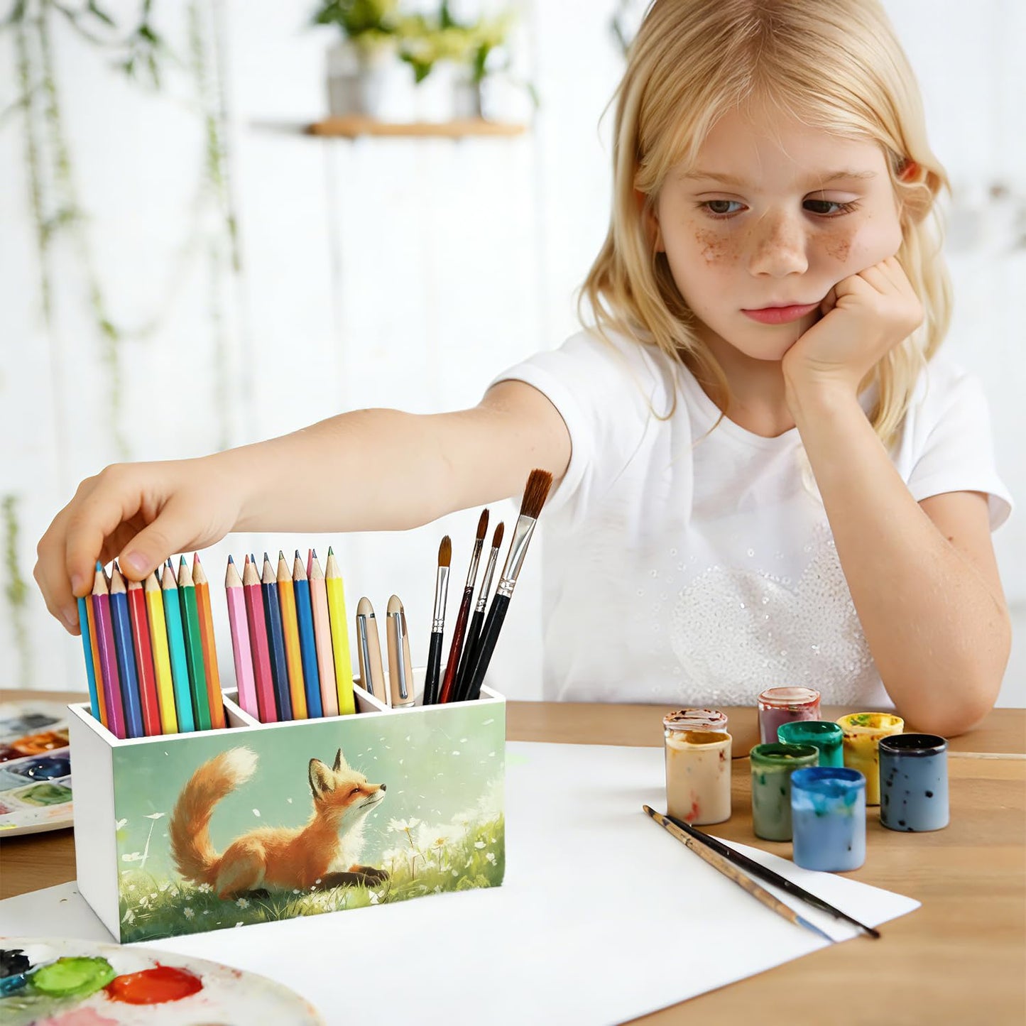 SkyCozy Fox Pen Pencil Holder for Desk, Fox Gifts for Women Men, Animal Lovers Gifts, Rustic Wildflower Wild Animal Wooden Box Sign Decorations for Kids Room Bedroom Home Office Desk Tabletop