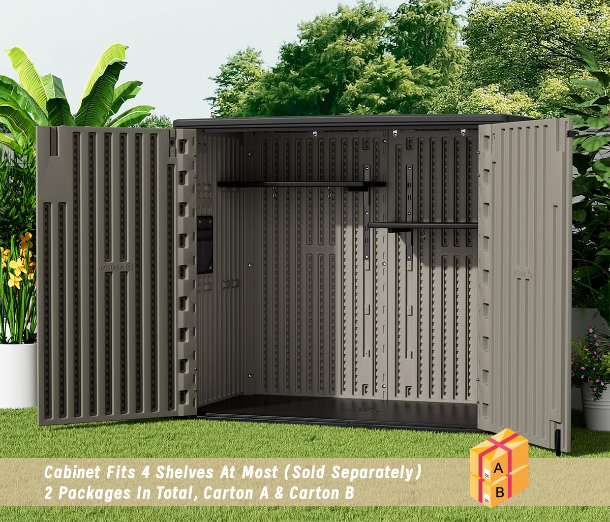 KINYING Outdoor Horizontal Storage Sheds,Outdoor Storage Cabinet Waterproof Resin Tool Storage Box for Lawn Mower,Garden Tools and Patio Furniture, Lockable (Brown)