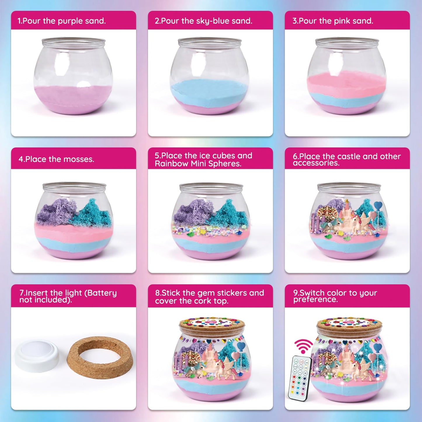 Unicorn Terrarium Crafts Kit for Kids: LED Night Light-Up DIY Toys with Remote – Fun Birthday Gifts for Girls Ages 5 6 7 8 9 10 Years Old – Creative Arts & Crafts Activity Set
