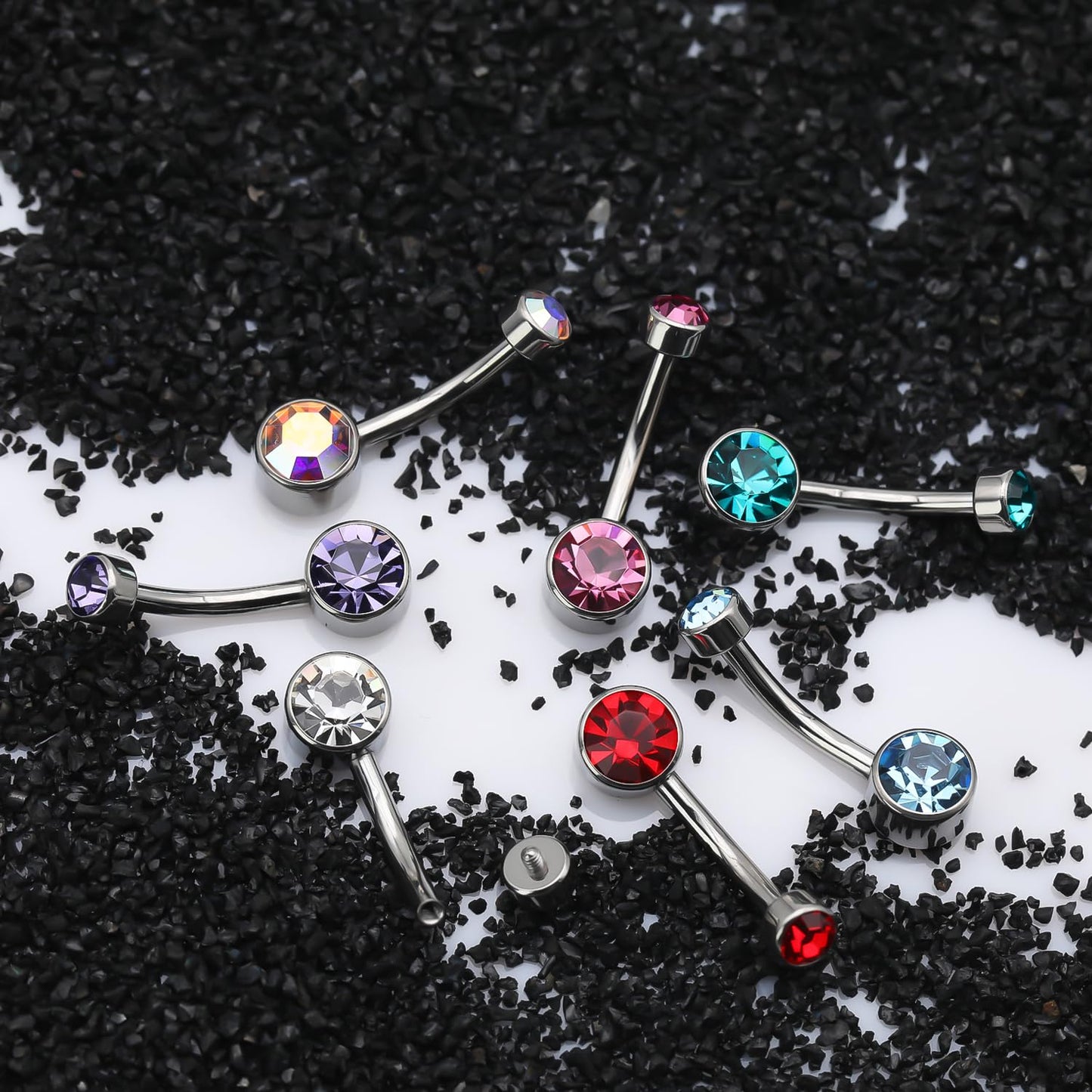 XUU Titanium Belly Button Rings, Black & Silver – 14G Internally Threaded Navel Piercing Jewelry, 10mm & 12mm Curved Barbells with 7 Colors Gems – Hypoallergenic (Silver-Blue cz, 10MM)