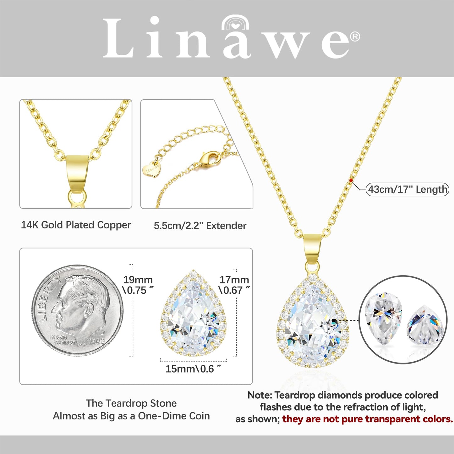 Linawe Crystal Pendant Necklace for Women Trendy, Wedding Bride Bridesmaid Jewelry Set, 14K Gold Chain Moissanite Imitation Diamond Necklace
