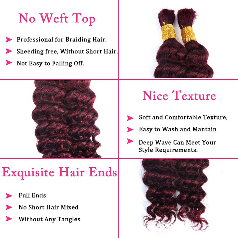 Human Braiding Hair for Boho Braids Burgundy Deep Wave Bulk Human Hair for Braiding 14 Inch 2 Bundles 100G #99J Wet and Wavy Curly Human Hair Red Braiding Hair Extensions No Weft Bundles for Braiding
