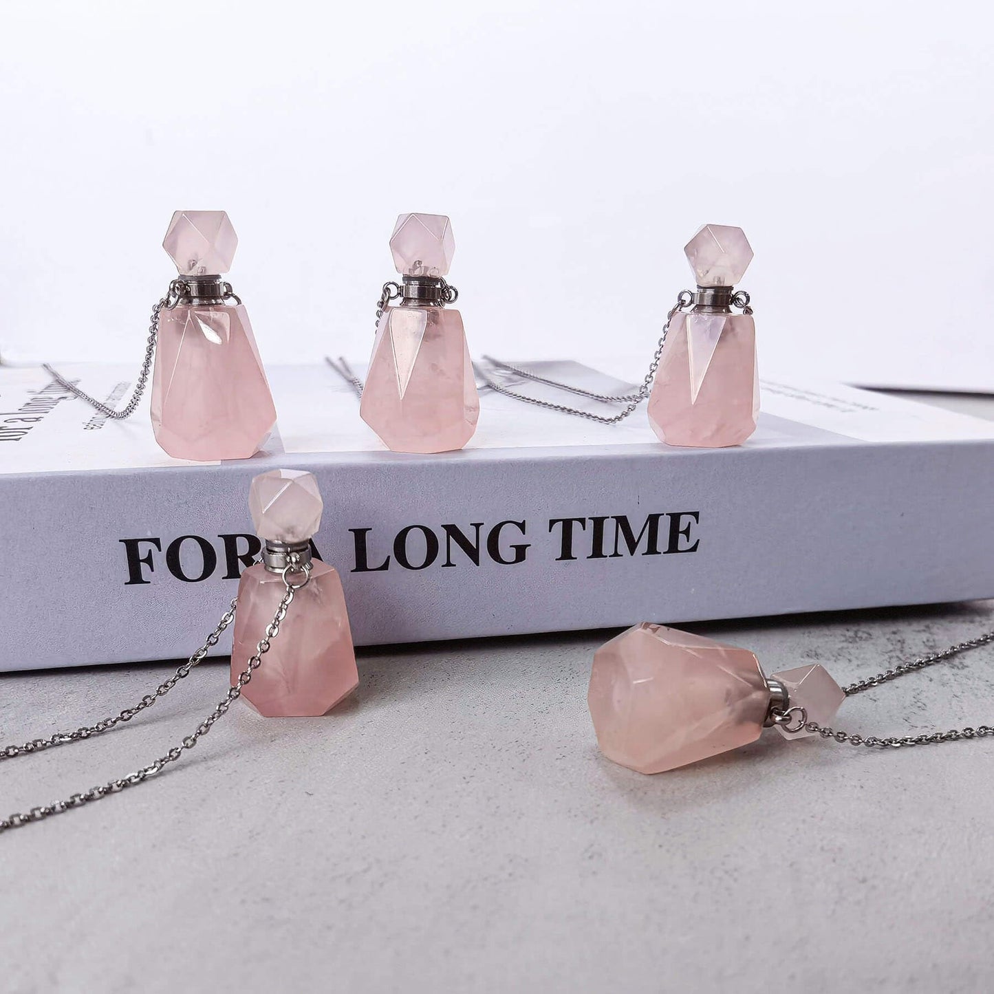 Rose Quartz Necklace, Rose Quartz Necklace, Rose Quartz Crystal Perfume Bottle Necklace with Stainless Steel Chain, Vintage Vial for Essential OilRose Quartz Crystal Perfume Bottle Necklace with Stainless Steel Chain