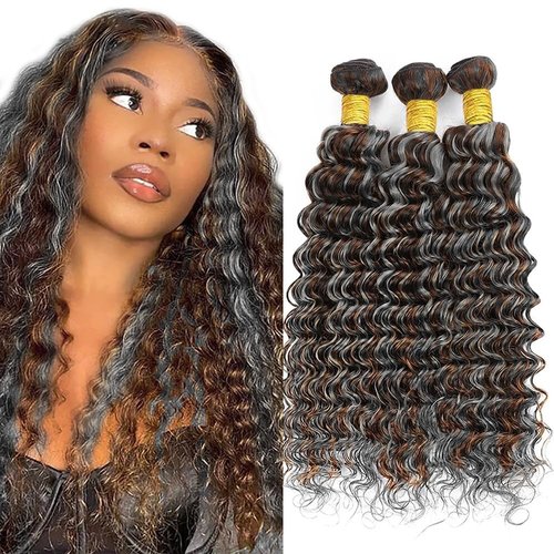 Giginger Bundles Human Hair P4/GREY 20 22 24 inch Deep Wave Human Hair Bundles Highlight Chocolate Grey Unprocessed Quick Weave Soft Sewn In Hair Extensions for Black Women