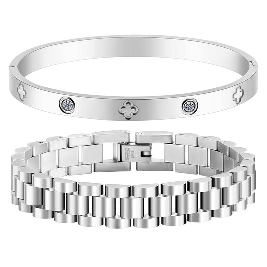 18K Gold Plated Stackable Love Bangle Bracelets for Women,Silver Chain Link Watch Bracelet,Non-Tarnish Jewelry with Adjustable Tool.(2pcs-C Silver)