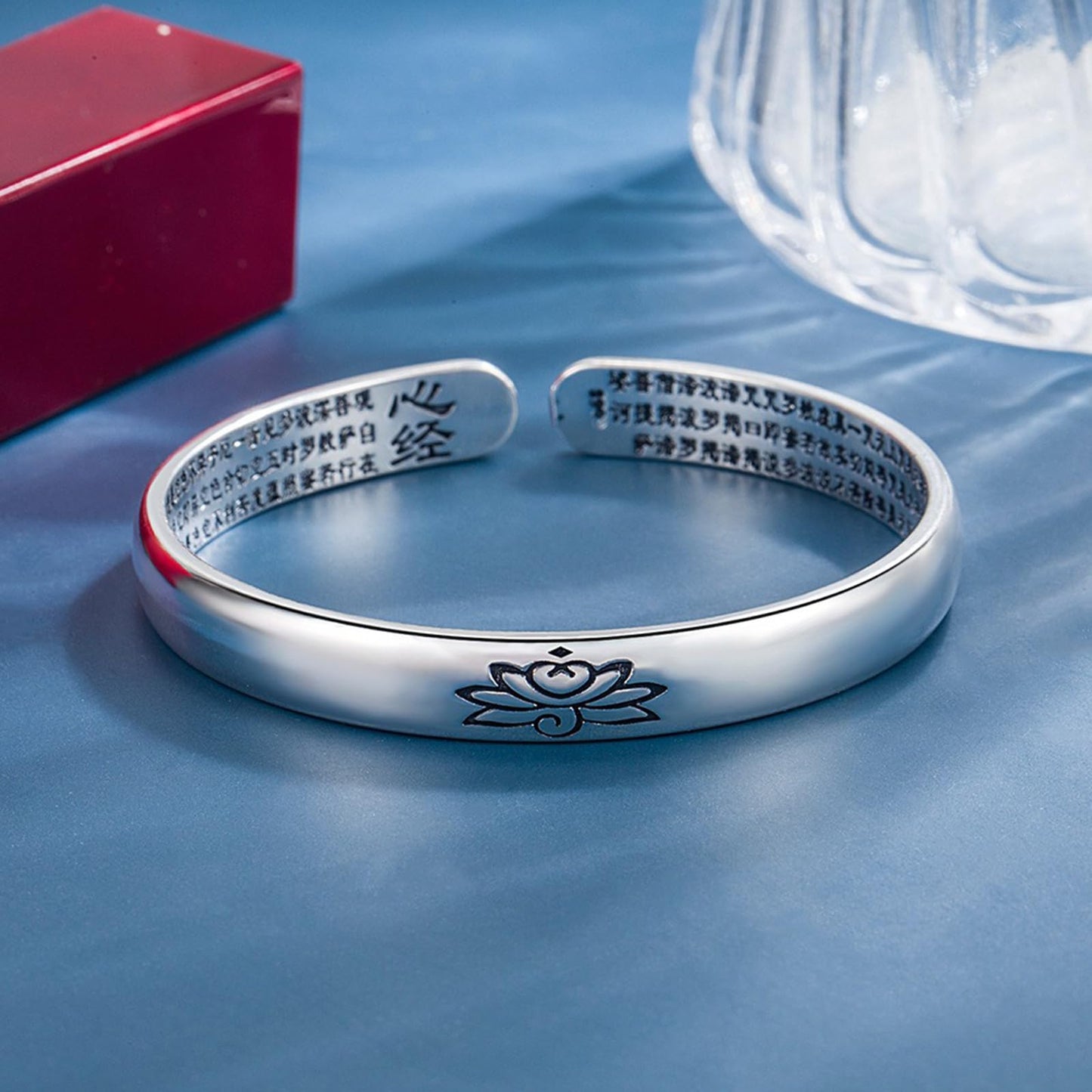 Feng Shui Lotus Heart Sutra Bracelet - Adjustable Vintage Silver Bracelet for Women Men, Tibetan Buddhist Mantra Lucky Amulet, Wealth Luck Protection Meditation Gifts (B)