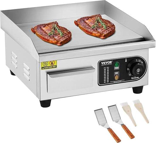 VEVOR Commercial Electric Griddle, 1700W Countertop Flat Top Grill, 14in Stainless Steel Griddle Grill with 2 Shovels and 2 Brushes for Home or Restaurant, 122℉-572 ℉ Adjustable Temp