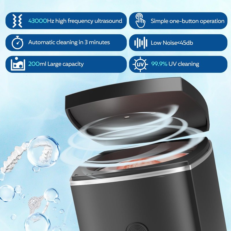 U-V Ultrasonic Dental Cleaner;UltraSonic Retainer Cleaner Machine for Denture,Aligner,Whitening tray,200ml Portable Mouth Guard Cleaner, Invisalign Cleaner Pod,Professional Sonic Jewelry Cleaner black
