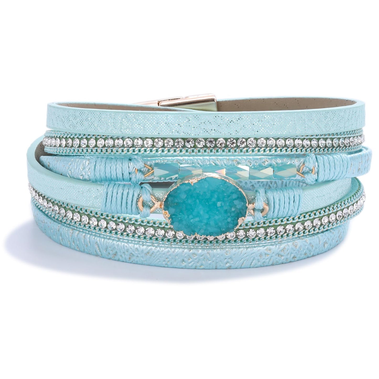 FANCY SHINY Boho Leather Wrap Bracelet Stackable Chunky Crystal Cuff Bracelets with Magnetic Clasp Cowboy Cowgirl Western Summer Beach Outfits Jewelry Gifts for Women (14.7", Teal)