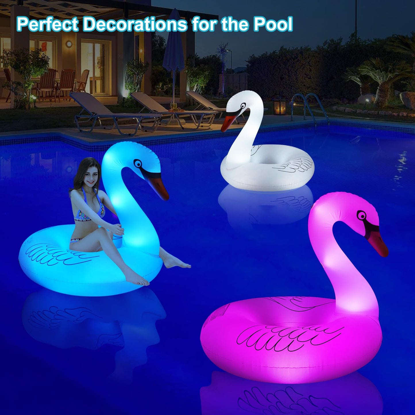 Inflatable Pool Floats, Solar Powered Large Swan Pool Float Adult, LED Color Changing Swan Floaties for The Pool, 42 Inch Lake Floats Adults for Outdoor Seaside, Lake, Pool
