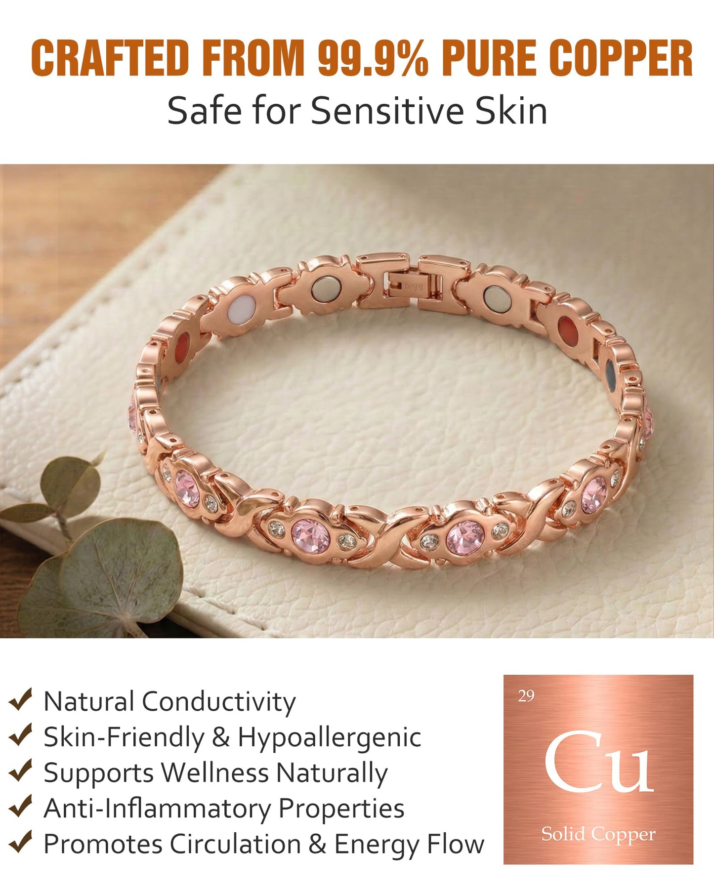 Jecanori Pure Copper Bracelet for Women, Effective Magnetic Bracelet With 4 Element Magnets & Sparkling Cubic Zirconia, Ideal Jewelry Gift