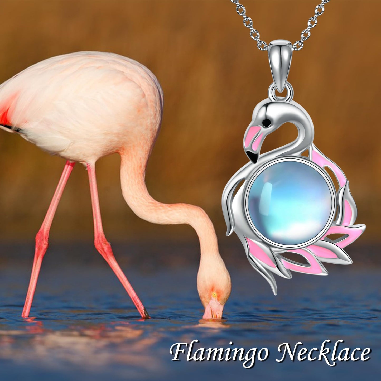 YAFEINI Flamingo Necklace 925 Sterling Silver Moonstone Pendant Christmas Mother's Day Jewelry for Women Mom Ladies