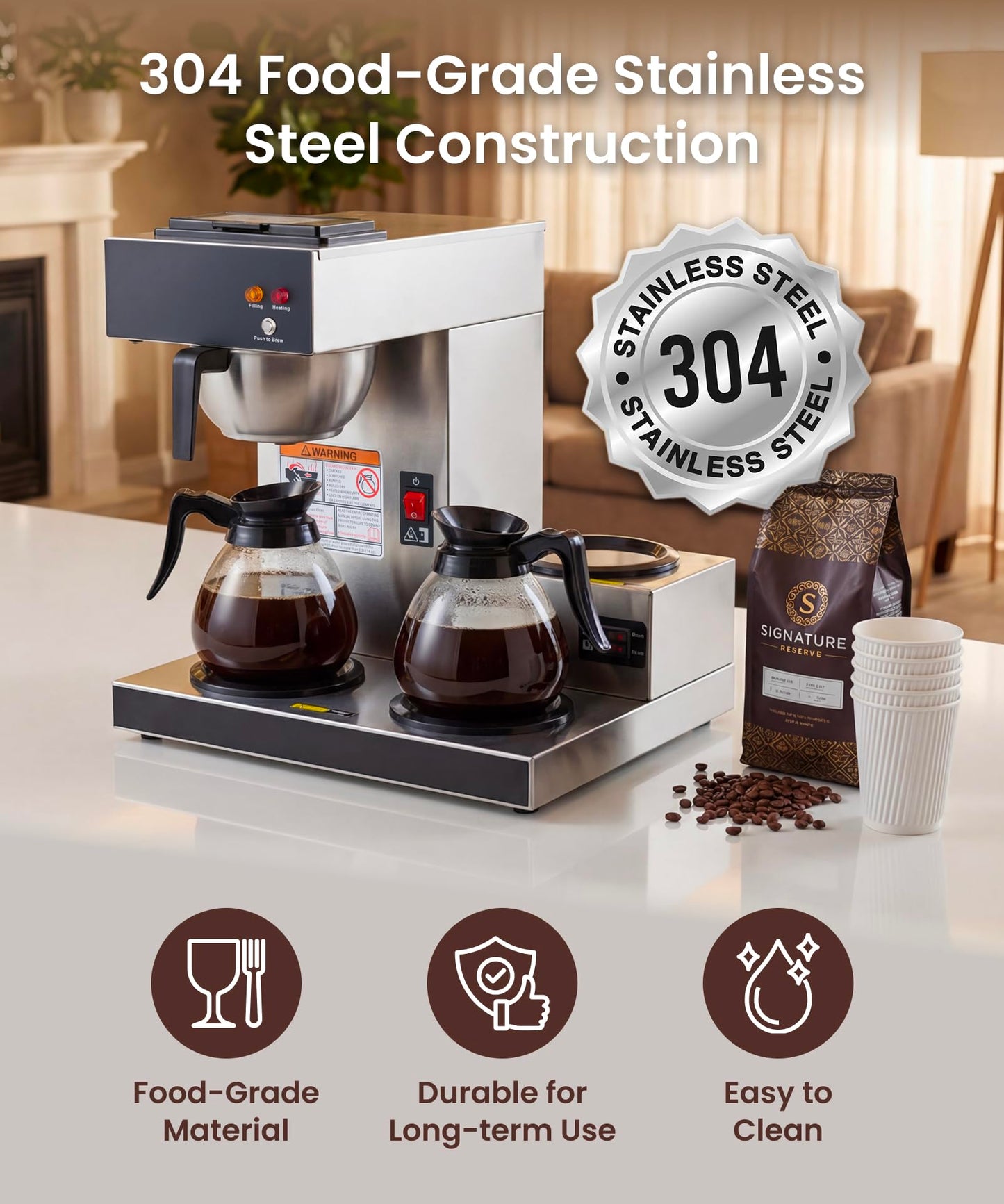 SYBO Commercial Coffee Maker 12 Cup, Pour Over Drip Coffee Maker Brewer with 3 Lower Warmers, Stainless Steel Cafetera
