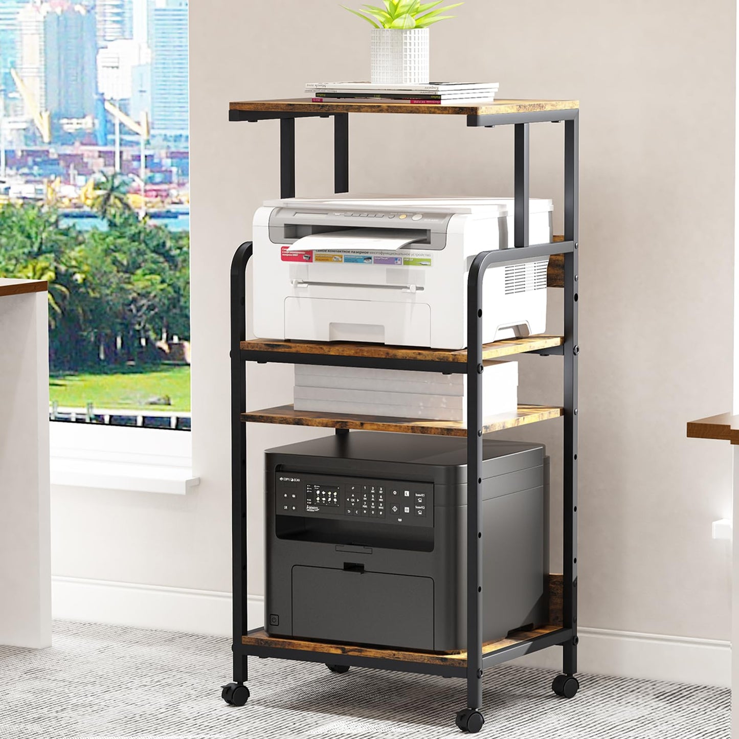 Arbuxzuy 4 Tier Printer Stand with Storage Shelf, Large Tall Printer Cart with Wheels, Mobile Printer Table for Home Office, Adjustable Stands for Printer Heat Press Scanner Fax (Brown), High