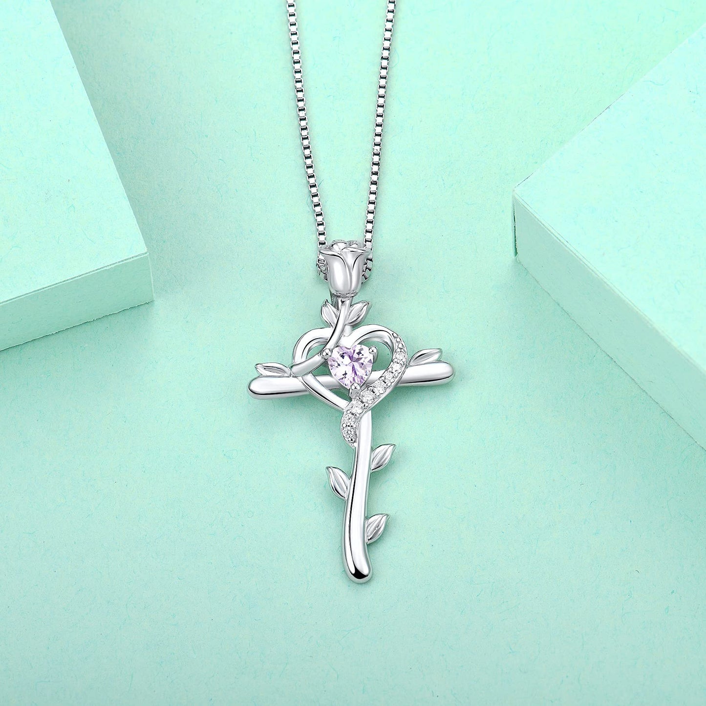 STARCHENIE Rose Cross Necklace 925 Sterling Silver Heart Crucifix Pendant Created Alexandrite Jewelry for Women