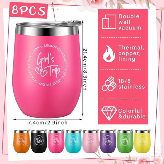 Sliner 8 Pcs Girls Trip Tumbler with Lid 12oz Stainless Steel Girls Travel Cups Beach Wine Mug Bridesmaids Gift for Friend Besties Wedding Bachelorette Vacation Cruise Party Favors