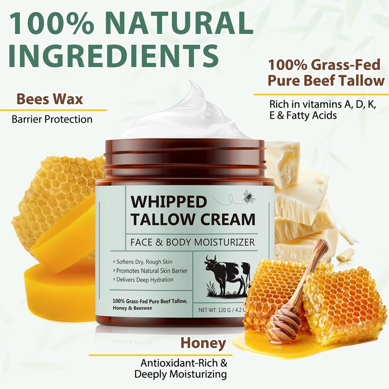 Beef Tallow for Skin, 2PCS Tallow and Honey Balm, Beef Tallow for Face, Organic Grass Fed Whipped Beef Tallow with Honey Beeswax, Deeply Moisturizing for Face Body, Unscented Fast Absorption, 4.2 Oz