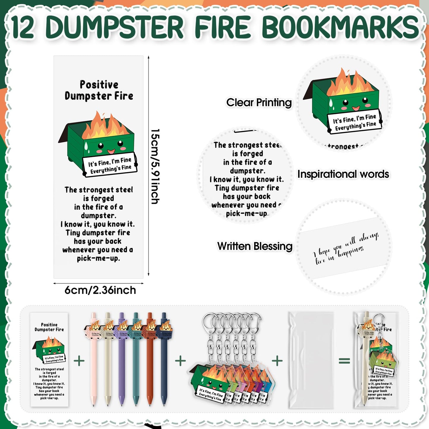 Sayglossy 12 Sets Dumpster Fire Funny Coworkers Gifts Ballpoint Pens Acrylic Keychains and Bookmarks Social Worker Gifts for Volunteer Nurse Teacher Administrative Professional Office Employee Team