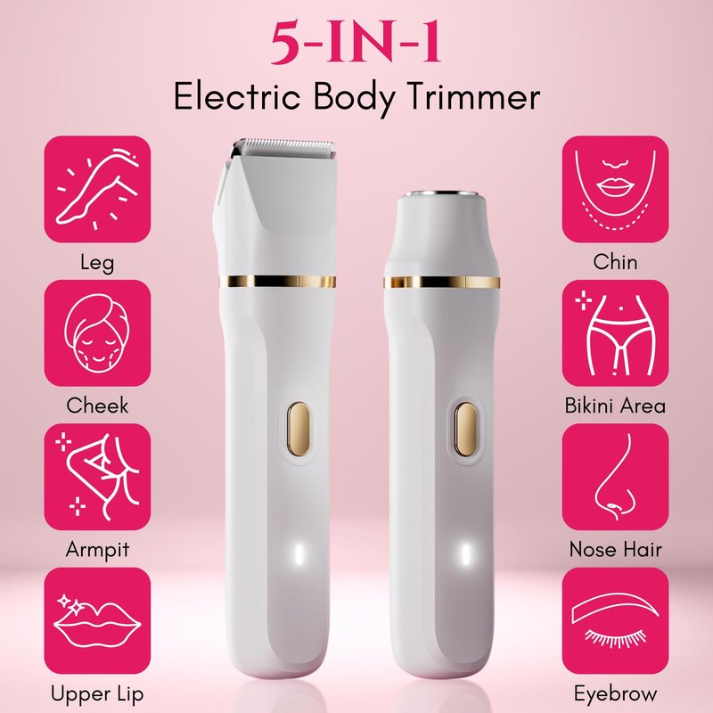 Paradise Bliss Quality 5-in-1 Bikini Trimmer Electric Razors with USB Cord, Excellent Facial Hair Elimination, Wet/Dry Body Shaver for Nose, Eyebrows, Beard, Leg, and Arm, IPX7 Waterproof (White)
