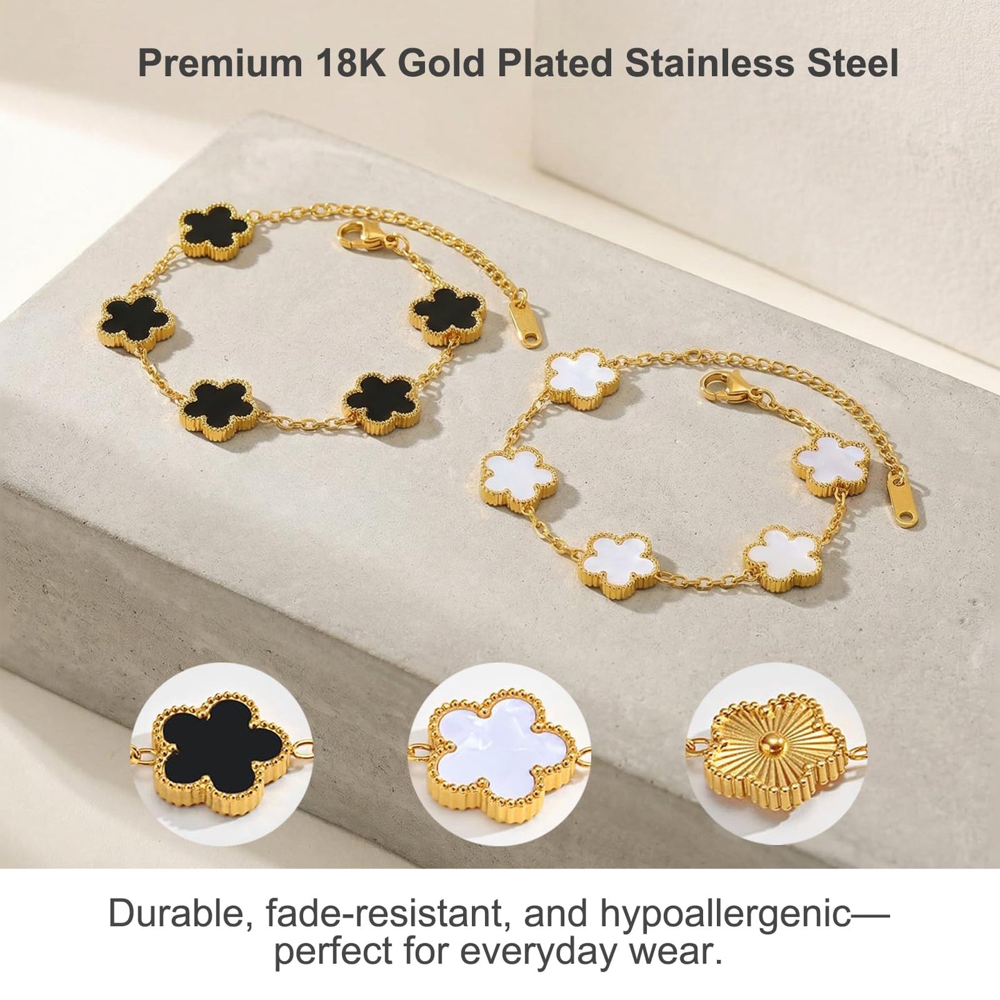 Eclatienne Four Leaf Clover Bracelet Set for Women – 3Pcs 18K Gold Plated Lucky Charm Bracelets, Adjustable 4 Leaf Clover Jewelry Gift (White, Black & Gold)