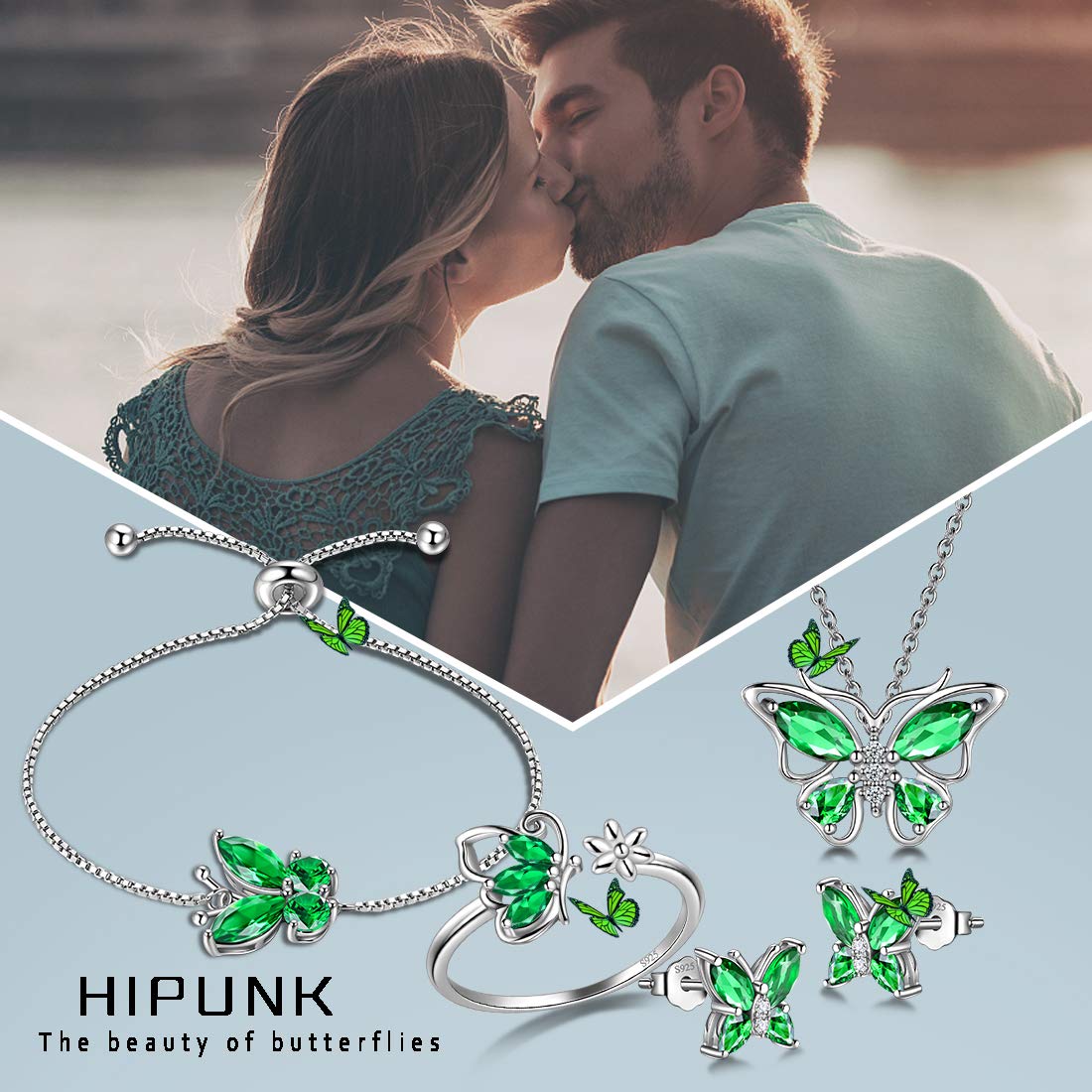 Hipunk Butterfly Green Jewelry Sets Birthstone Women 925 Sterling Silver May-Emerald Birth Stone Animal Butterflies Jewelry Sets/Earring/Ring/Bracelet Set Crystal Birthday Jewelry SS0003G