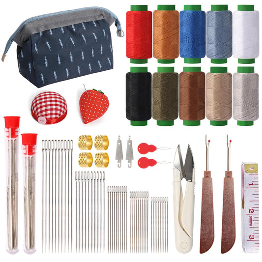 75 PCS Sewing Tool Set, Big Eye Steel Sewing Needles Kit with 10 Rolls Jeans Thread & Strawberry Pin Cushion Holder, Denim Needles Hand Repair Kit for Beginners, Portable DIY Travel Working