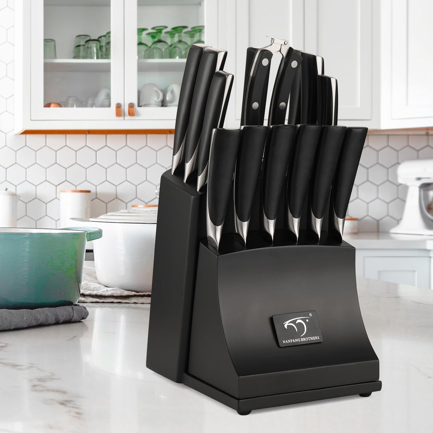 NANFANG BROTHERS Damascus Kitchen Knife Set, 15-Piece with Block, ABS Ergonomic Handle, Carving Fork, Disconnect-type Knife Block (Black)