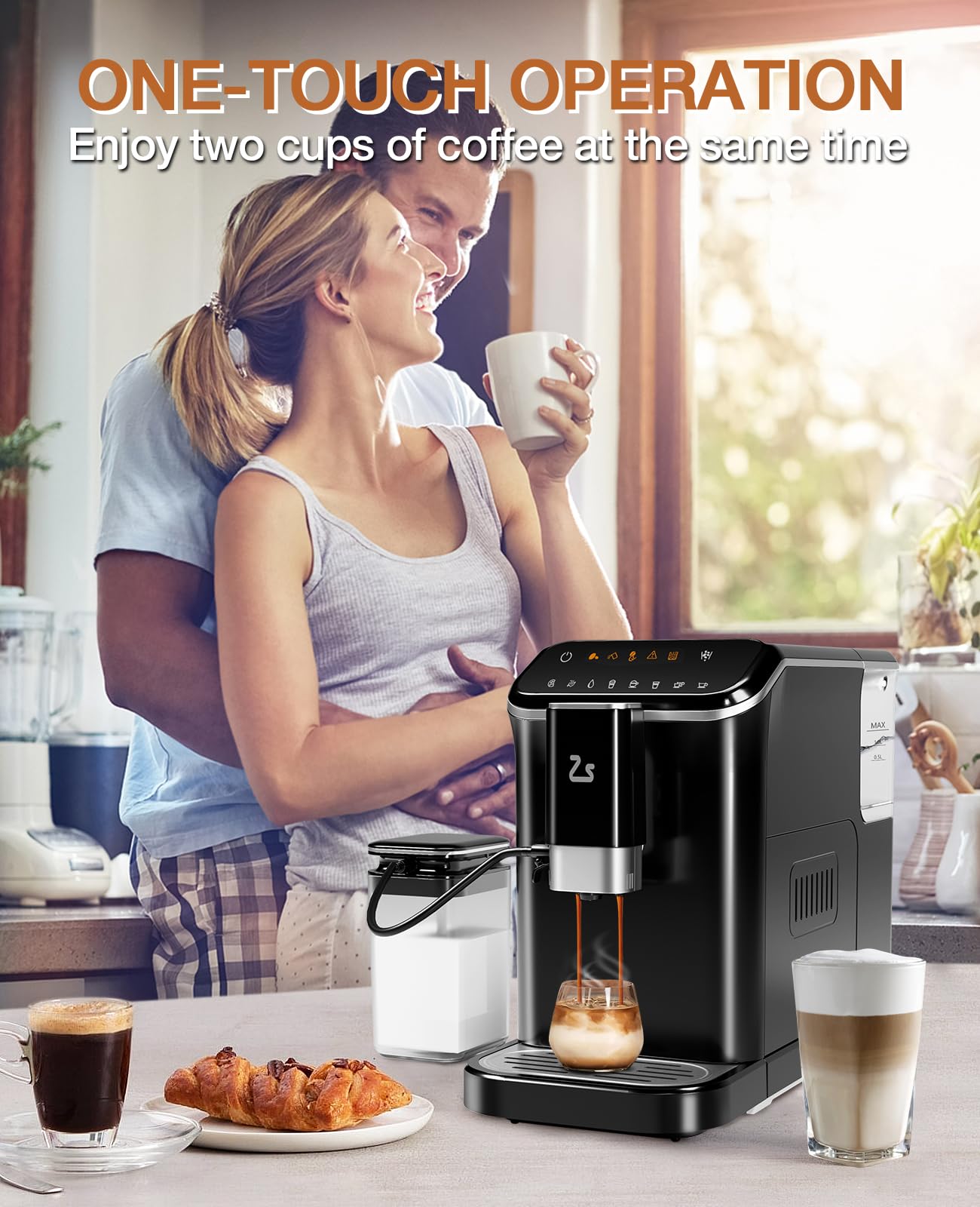 Zstar Fully Automatic Espresso Machine with Milk Frother, Professional Espresso Maker with Grinder, Auto-Cleaning, One-Touch Operation, 1.5L Water Tank for Latte, Cappuccino, Macchiato