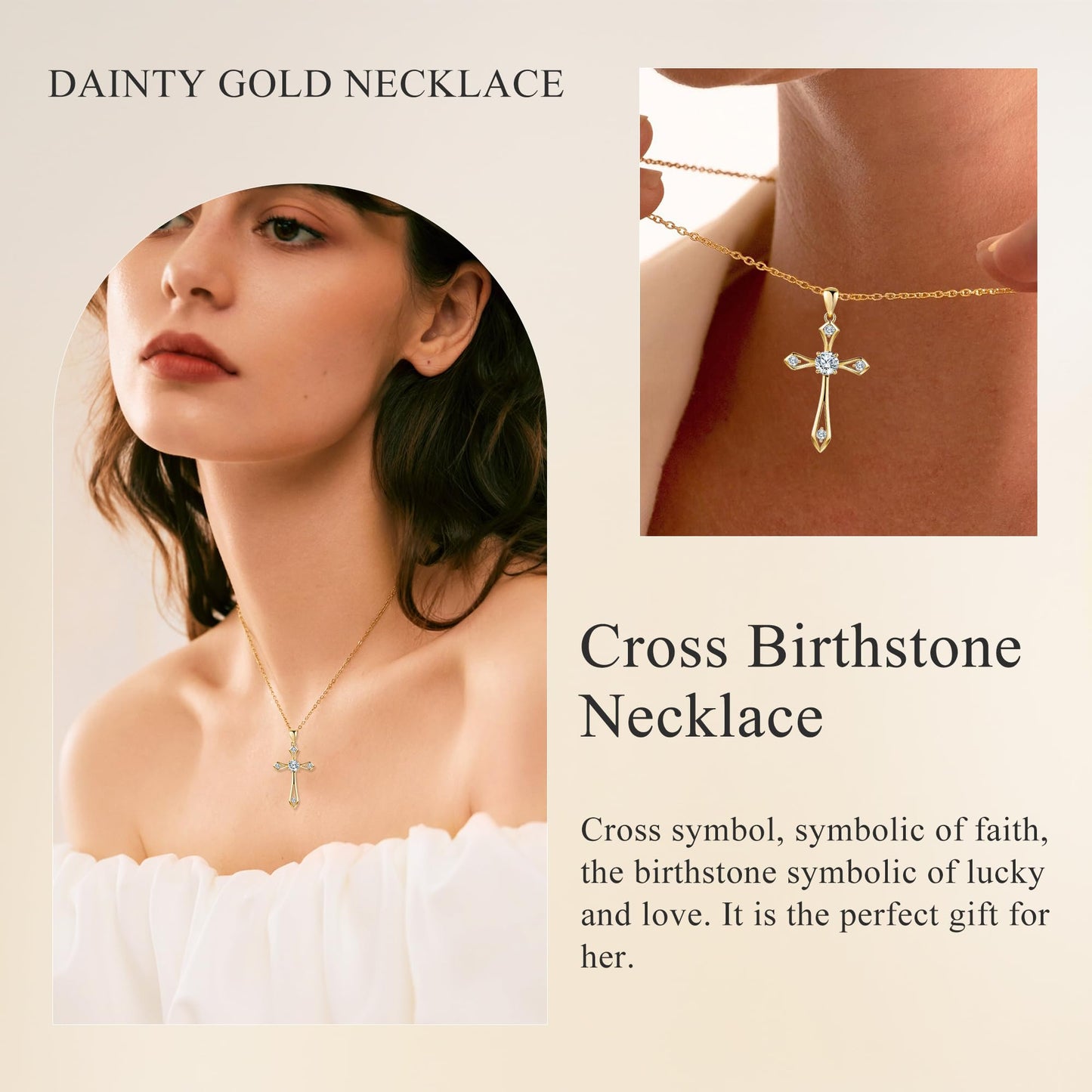 14K Gold Plated Solid Cross Necklace for Women,925 Sterling Silver Ladies Faith Cross Birthstone Pendant Christian Religious Confirmation Baptism Everyday Jewelry Anniversary Birthday Gifts for Her