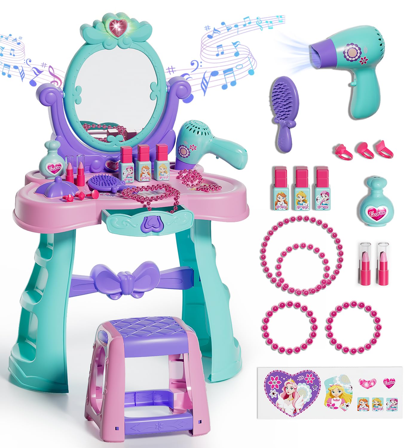 Lehoo Castle Kids Vanity Table and Chair Set with Mirror Light Music, Toddler Girls Makeup Table with Stool ＆ Hair Dryer, Pretend Play Princess Dress Up Vanity Set, Birthday Gifts for 3 Year Old Girl