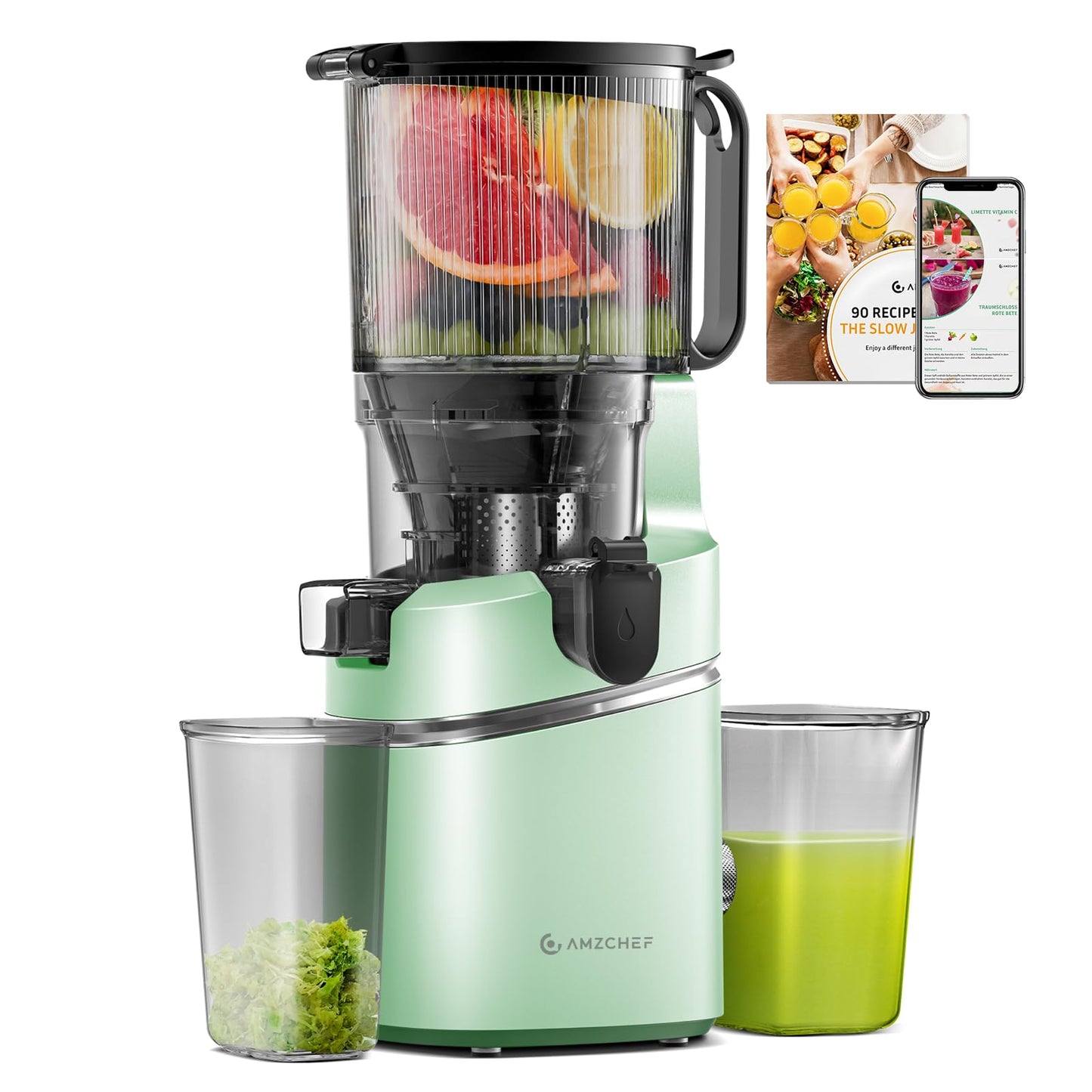 AMZCHEF Cold Press Juicer with 6.5" Large Feed Chute, Slow Masticating Juicer for Whole Fruits & Vegetables, 3-Layer Strainer, Copper Motor, High Juice Yield, Easy to Clean, Green