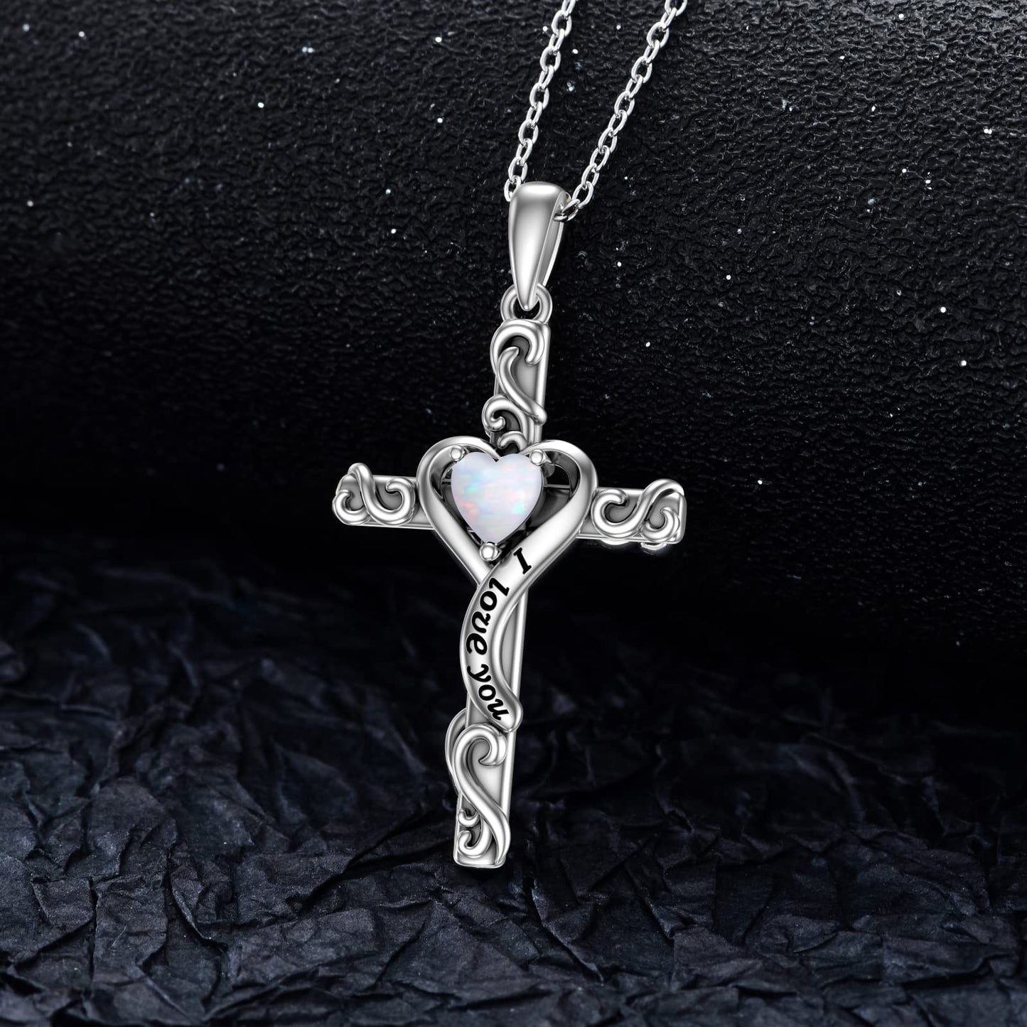 TOUPOP 925 Sterling Silver Cross Pendant Necklace with October Birthstone Opal Necklace Religious Jewelry Gifts for Women Teen Girls Mom, I Love You Gifts for Her, Sterling Silver, No Gemstone