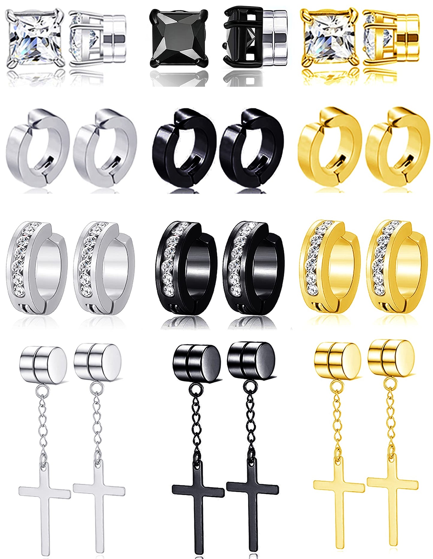 Ofeiyaa 12 Pairs Magnetic Stud Earrings Stainless Steel Non Pierced Earrings Punk CZ Hoop Dangle Hinged Feather Clip on Magnet Earring Set for Men Women Gold Silver Black