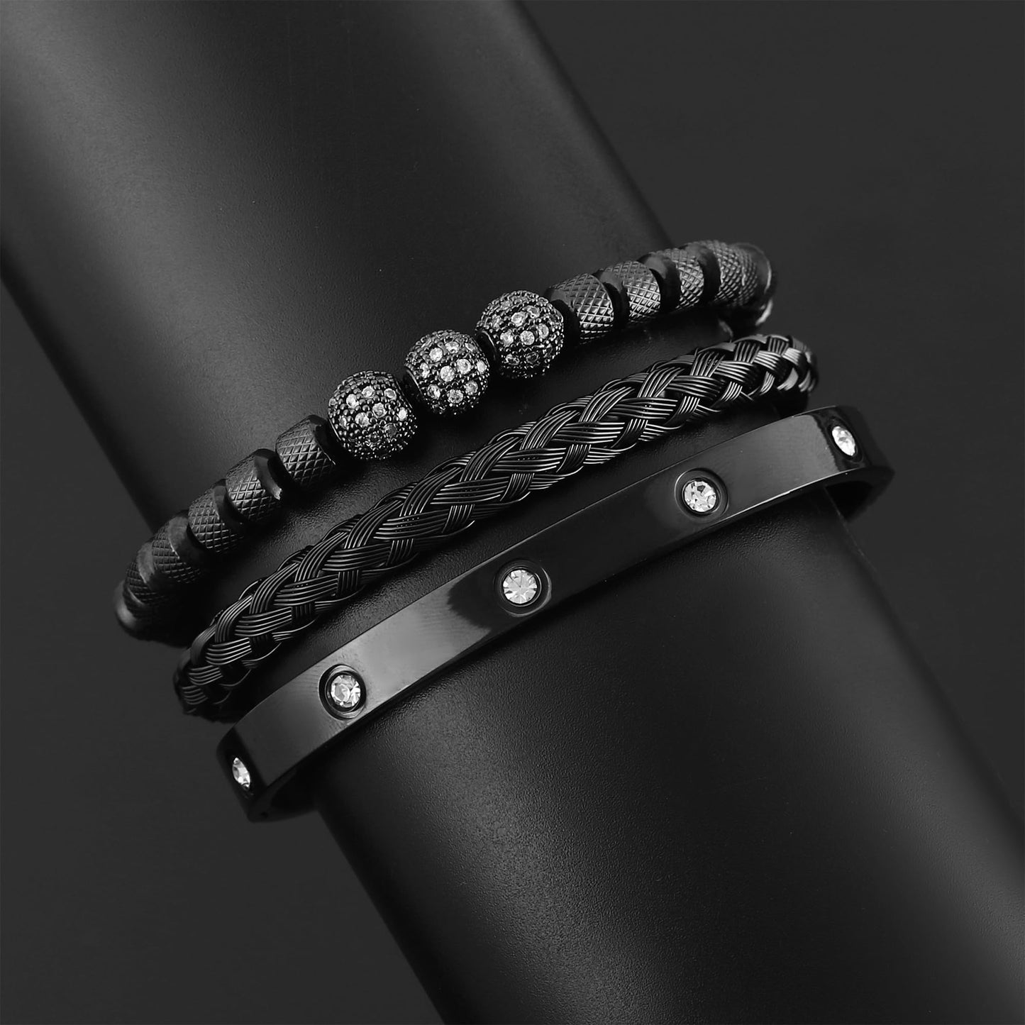 WFYOU 3PCS Stainless Steel Bracelets for Men Gold Roman Numeral Bangle Bracelet Twisted Cable Bracelet Adjustable Cuff Bracelet Mens Luxury Jewelry Bracelets Gifts(N:Black-CZ Round Beads)