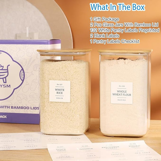 2 Pack large Square Glass Flour and Sugar Containers with 132 Kitchen Pantry Labels - Thicken 149 floz Glass Storage Jars with Airtight Bamboo Lid - Big Rice Canisters for Coffee, Pasta, Cereal