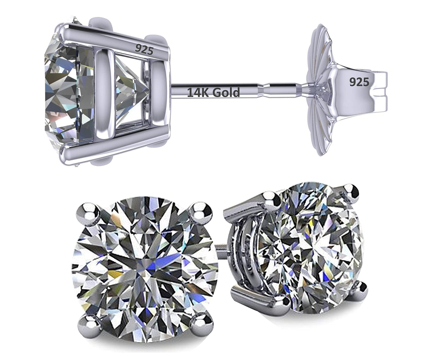 Central Diamond Center 14K Solid Gold Post & Sterling Silver Made with Swarovski 4 Prong CZ Stud Earrings - Platinum Plated - 4.0mm - 0.50cttw