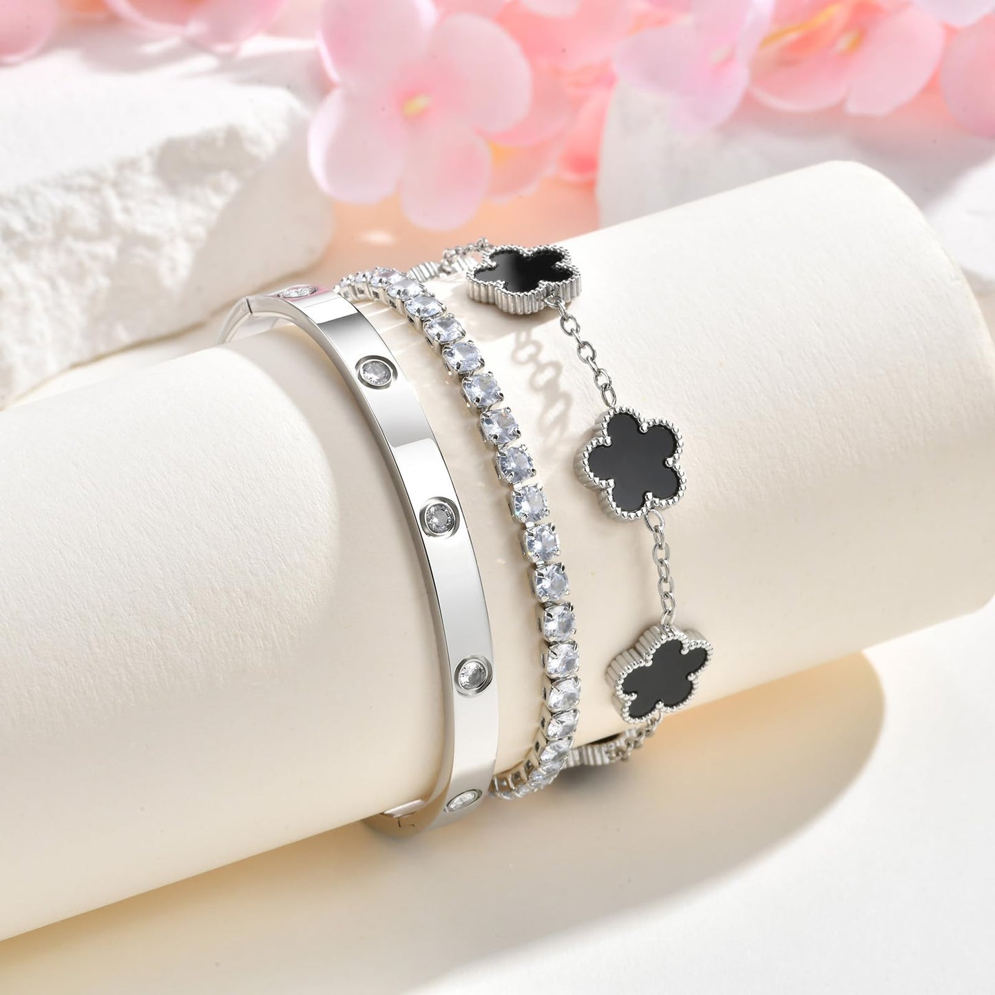 Womens Stackable Floral Silver Bracelets - 3Pcs Silver Sterling Bracelet,Stainless Steel Bangle Bracelets Non Tarnish, Stacked Bracelet Set Trendy Jewelry,Christmas Prom Birthday Gifts for Girlfriend
