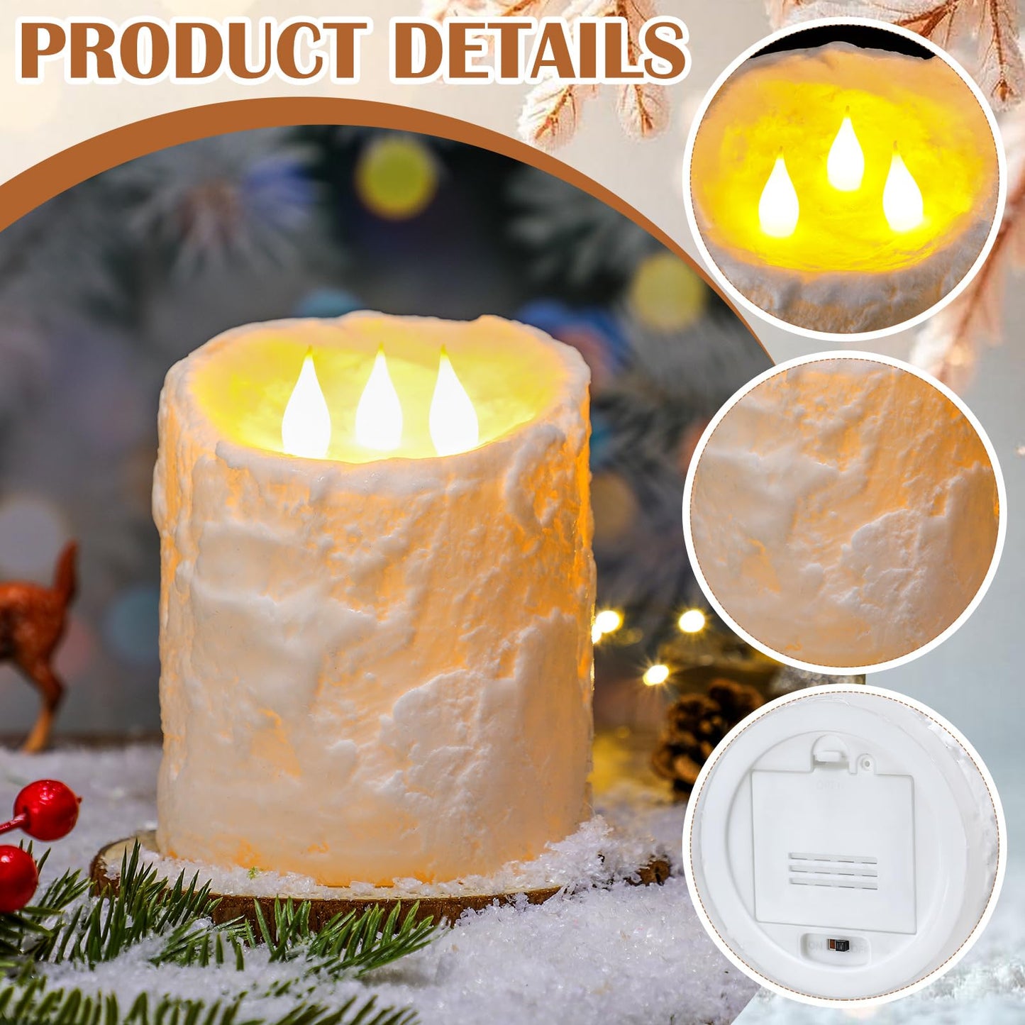 Baquler Large Flameless LED Battery Operated Pillar Candle - 3 Wick 5"x4"" Snowy Frosted White Flameless Christmas Fake Candle for Xmas Table Centerpiece Holiday Rustic Indoor Home Decor"