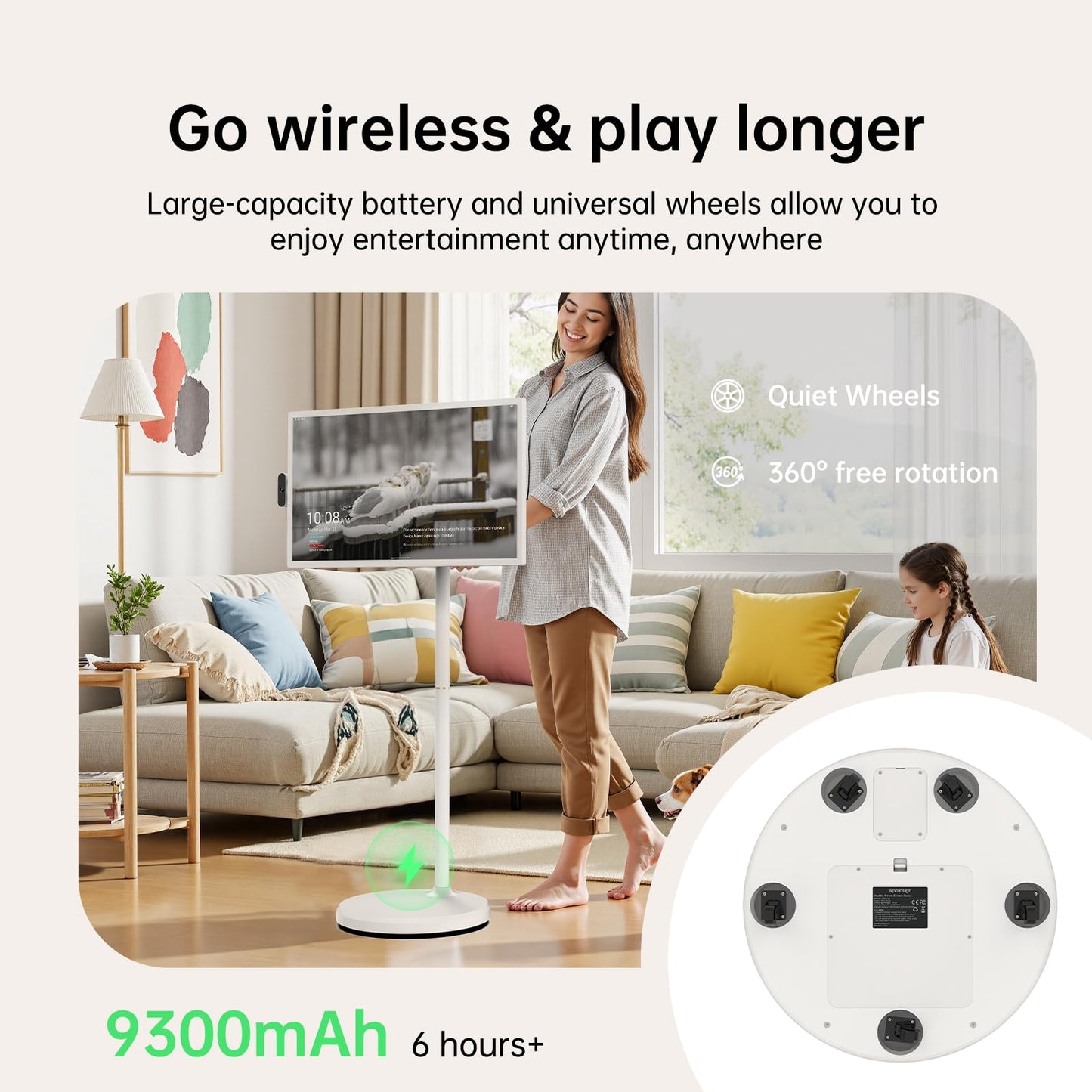 ApoloSign 32 inch FHD Smart Portable TV Gen2, 16G +128G Storage, Android 15 OS, 15000mAh, Rolling TV on Wheels with Rotatable Touch Screen, Built-in Battery, Full Swivel Rotation, Voice Remote