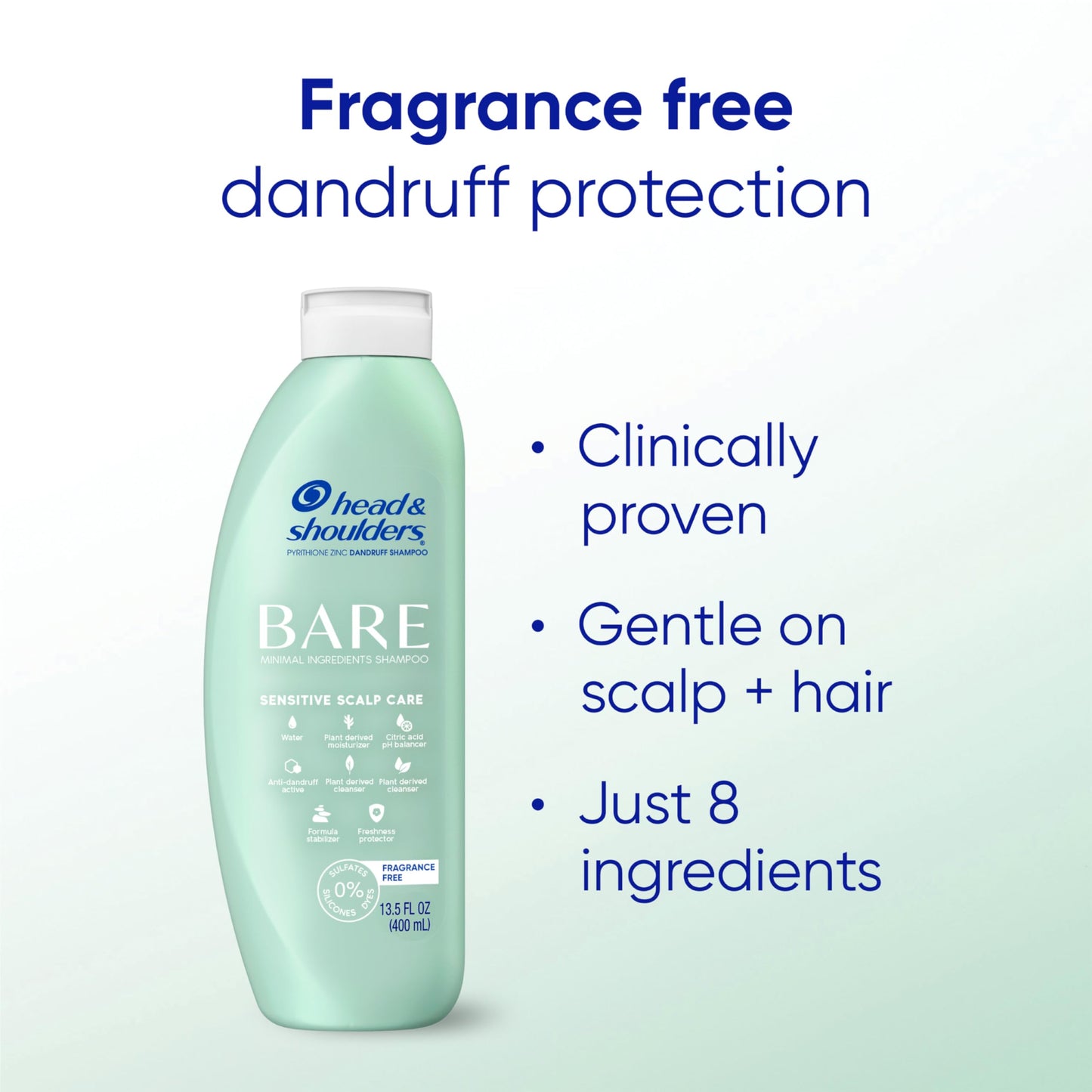 Head & Shoulders Anti-Dandruff Shampoo, BARE Sensitive Scalp Care Twin Pack, with 1% Pyrithione Zinc, Fragrance-Free, Free of Sulfates, Silicones, Gentle, 13.5 fl oz Each