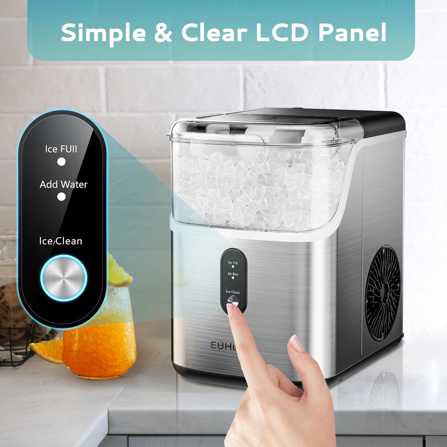 EUHOMY Nugget Ice Makers for Countertop with Ice Scoop & Basket, Self-Cleaning Sonic Pebble/Pellet Ice Maker Machine with 35lbs/24H Soft Ice for Home/Kitchen/Office, Stainless Steel, Silver