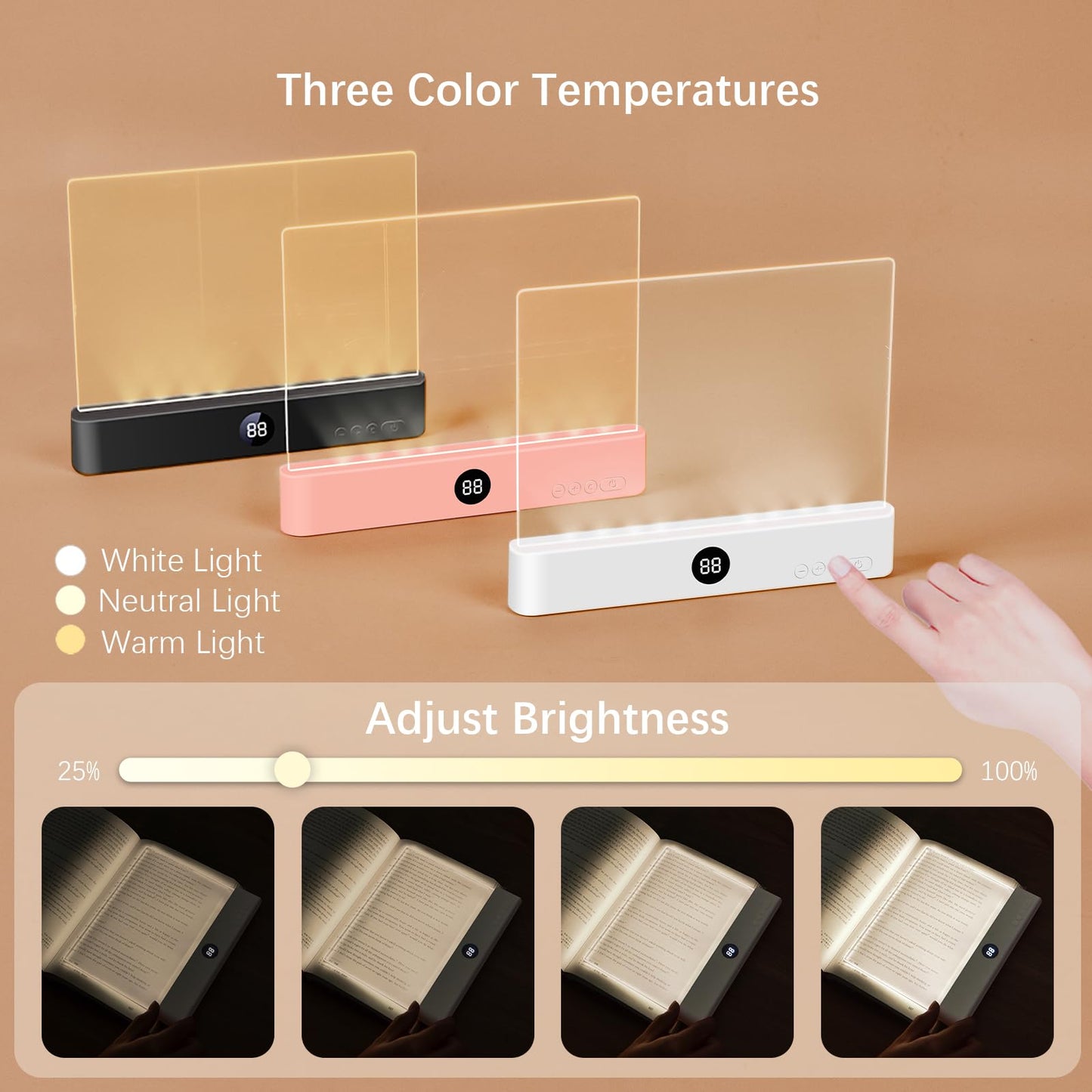 Choudao Tech LED Book Light and Night Light 2 in 1, 3 Color Temperatures & Stepless Dimming, USB Rechargeable Reading Light with Timer for Night Reading (Pink)