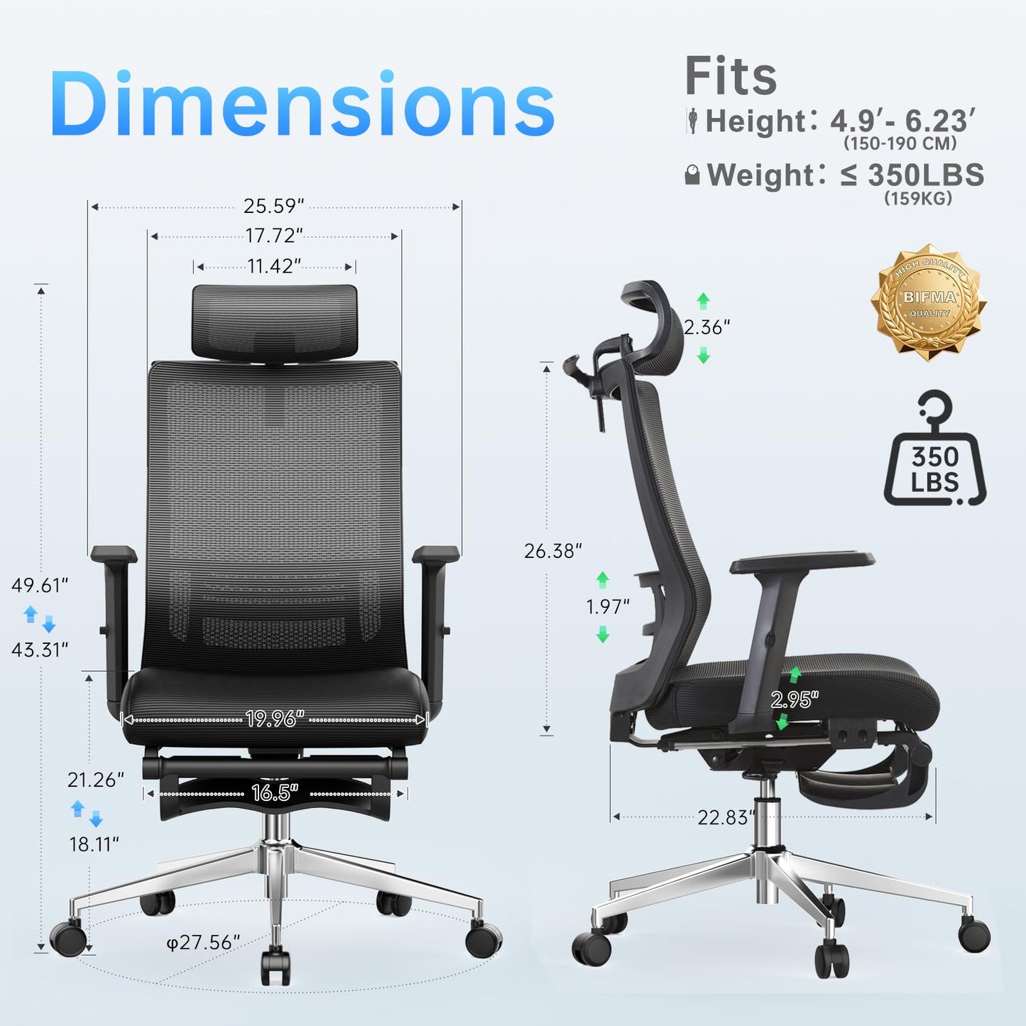 Ergonomic Office Chair, Adjustable Lumbar &Headrest, 3D Armrests, Silent Wheels, 145° Reclining Chair with Footrest, Large Steel Base, 350 LBS Swivel Desk Chair