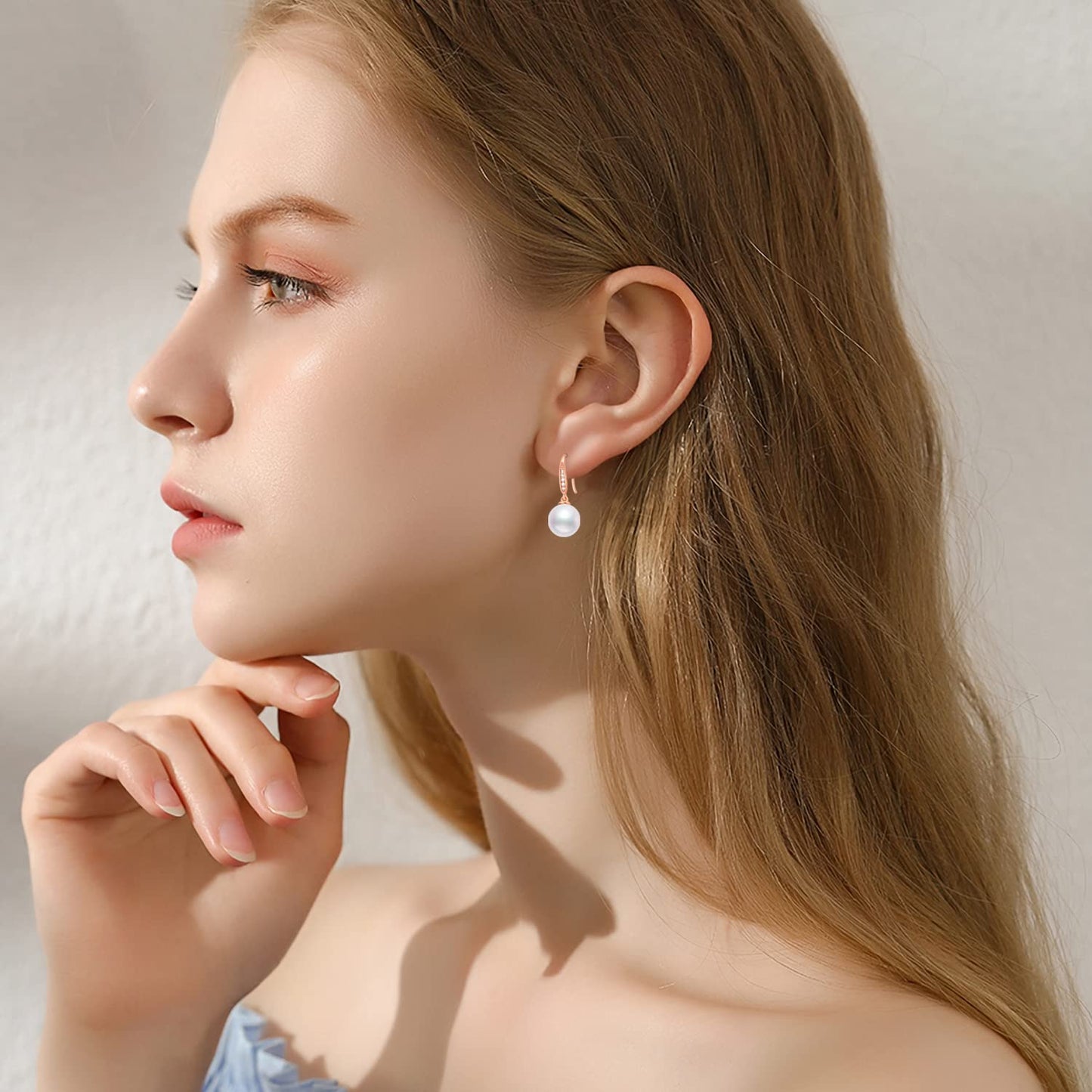 14k Rose Gold Natural Diamond and Freshwater Cultured Pearl Necklace and Earrings Set for Women