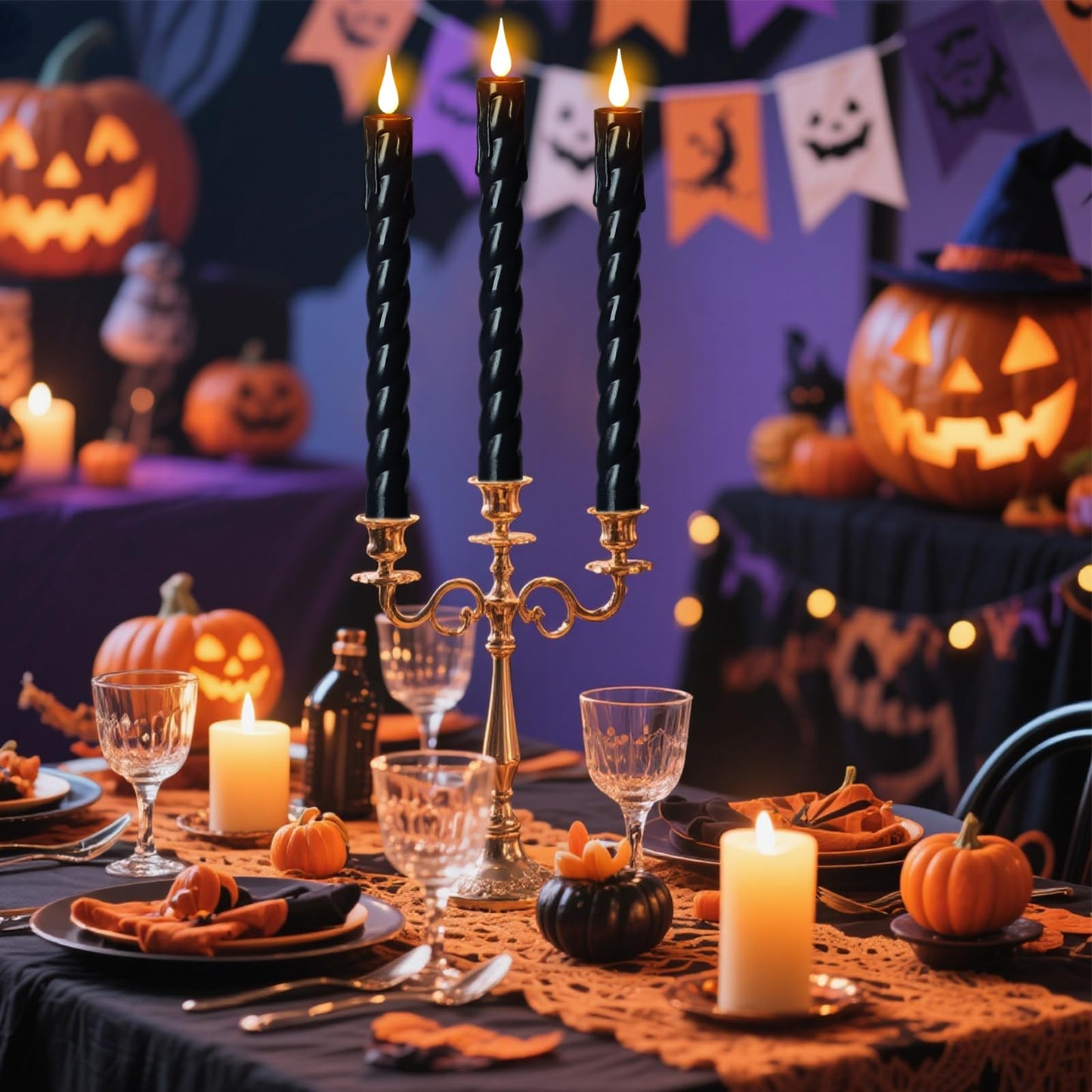 DRomance Flickering Flameless Taper Candles with Remote and Timer, 2 Pack Battery Operated LED Taper Candles 3D Wick Plastic Dripping Effect Dinner Halloween Indoor Decor(Black, 0.78" D x 9.65"" H)"